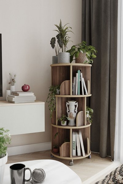 zeo wood design 360° Mdflam Dekoratif Döner Kitaplık - Ceviz - 103x45