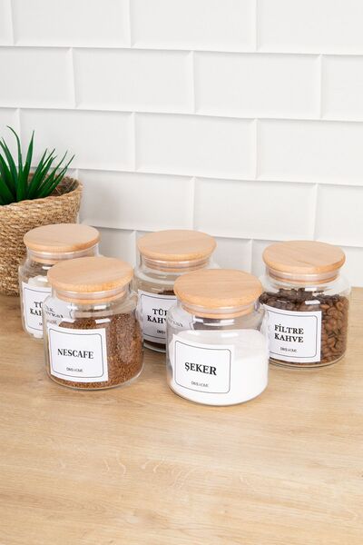 DNS HOME 5-Piece Wooden Vacuum Lid Labeled Coffee Corner Set Storage Container Glass Jar Set 500 ml