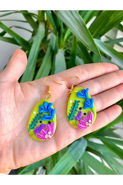 TREND Pistachio Green Style Modern Colorful Floral Summer Beach Holiday Drop Earrings