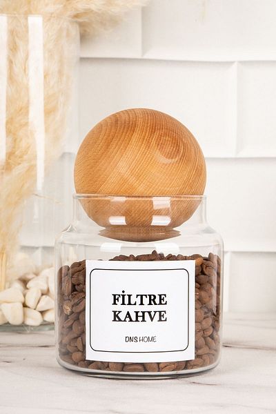 DNS HOME 3-Piece Glass Storage Container with Wooden Ball Lid for Nescafe, Turkish Coffee, Filter Coffee Label 500 ml