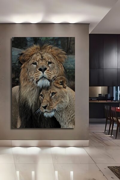 Teona Ahşap Dekoratif Dikey Aslan Çift Duvar Tablo Ahşap Dikdörtgen Tablo