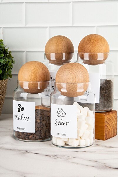 DNS HOME 4-Piece Wooden Ball Lid Turkish Label Tea Sugar Coffee Salt Storage Container 800 Ml Jar