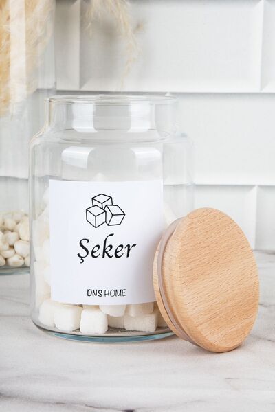 DNS HOME 3-Piece Wooden Vacuum Lid with Turkish Label Tea Candy Salt Storage Container Glass Jar 800 ml