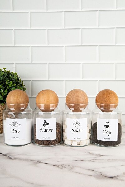 DNS HOME 4-Piece Wooden Ball Lid Turkish Label Tea Sugar Coffee Salt Storage Container 800 Ml Jar