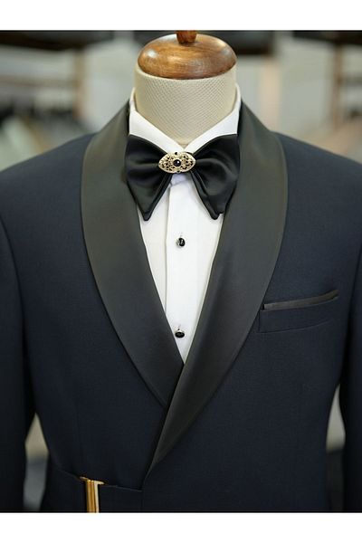 LONATOLİA Men's Italian Style Slim Fit Double Breasted Jacket and Trousers - Groom's Gold Buckle, Shawl Collar, Bow Tie