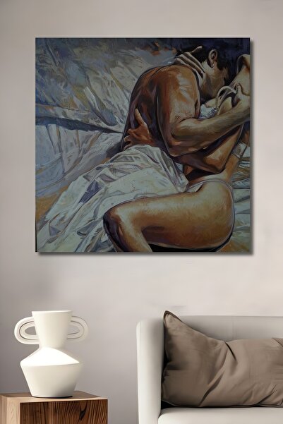 Teona Ahşap Dekoratif Dikey Yağlı Boya Görünümlü Sarılan Çift Modern Sanat Du...