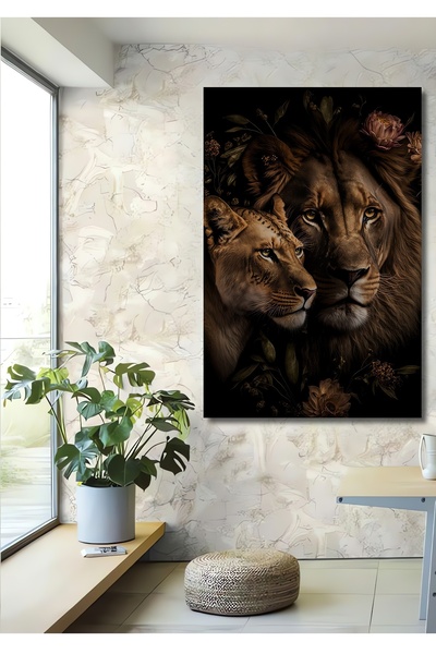Teona Ahşap Dekoratif Dikey Aslan Çift Duvar Tablo Ahşap Dikdörtgen Tablo