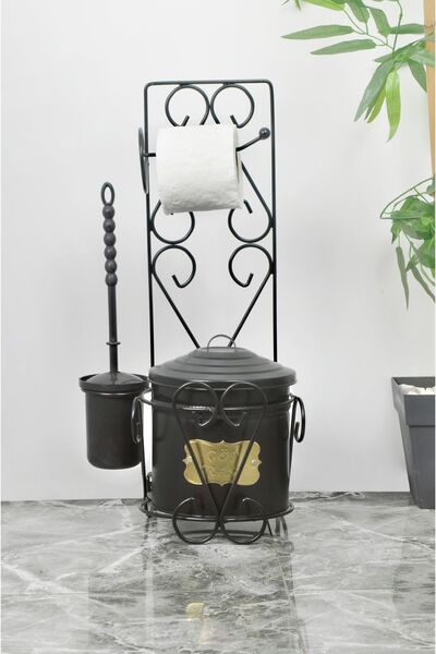 Yıldıray Metal Κάδος απορριμμάτων τουαλέτας από σφυρήλατο σίδερο σε μαύρο χρώμα με βούρτσα τουαλέτας