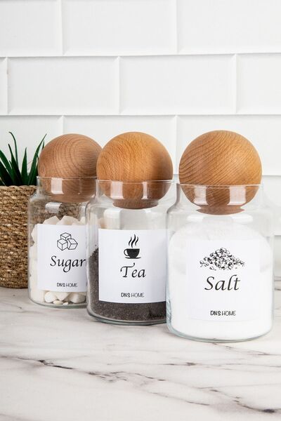 DNS HOME 3-Piece Wooden Ball Lid English Label Tea Candy Salt Storage Container Jar 800 ML