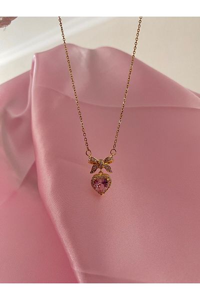 bohemian takı tasarim Zircon Stone 316L Steel Coquette Bow Heart Necklace