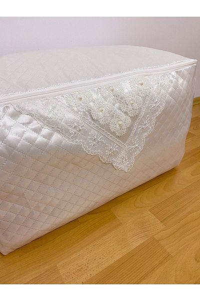 AYHANHOME Satin White Sweater with Pearls Hurcu Quilted Dowry Box 30x40x20