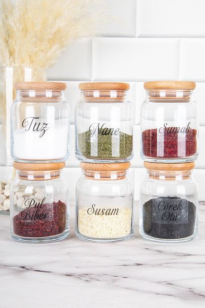 DNS HOME Set of 6 Spice Jars with Wooden Lids, Storage Container Jar Set with Transparent Label and Gift, 300 ml