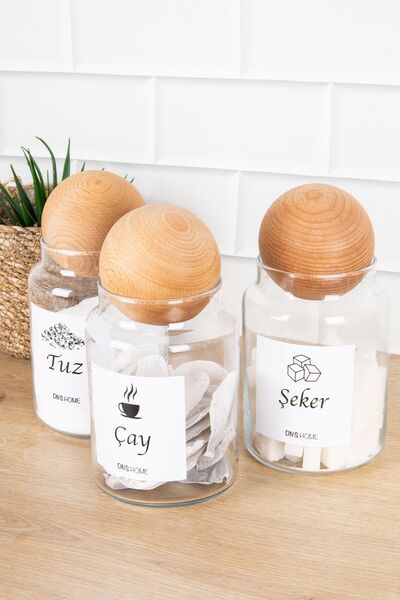 DNS HOME 3-Piece Wooden Ball Lid Tea Sugar Salt Label Storage Container Glass Jar Set 800 ml