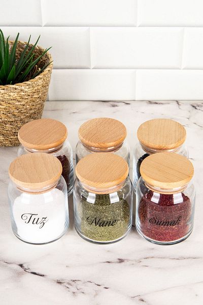 DNS HOME Set of 6 Spice Jars with Wooden Lids, Storage Container Jar Set with Transparent Label and Gift, 300 ml