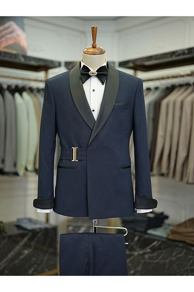 LONATOLİA Men's Italian Style Slim Fit Double Breasted Jacket and Trousers - Groom's Gold Buckle, Shawl Collar, Bow Tie