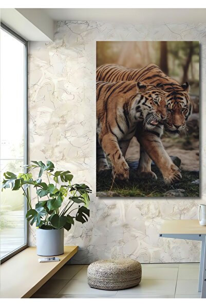 Teona Ahşap Dekoratif Dikey Dişi Kaplan Ve Erkek Kaplan Duvar Tablo Ahşap Dik...