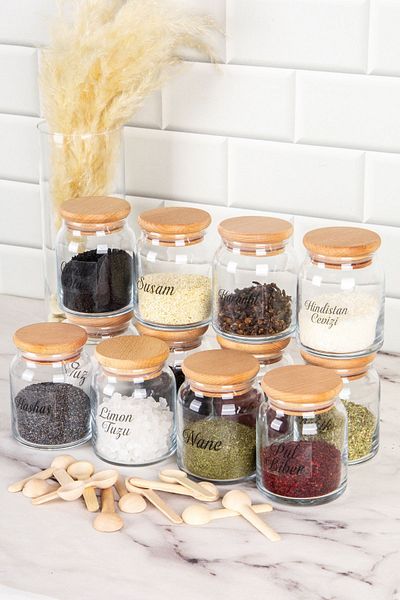 DNS HOME Set of 12 Spice Jars with Wooden Lids, 12 Wooden Spoons, Storage Container Jar with Transparent Label, 300 ml