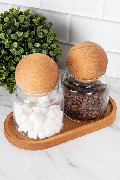 DNS HOME 2-Piece Glass Jar Set with Wooden Ball Lid Glass Storage Container Set with Wooden Stand 500 ml