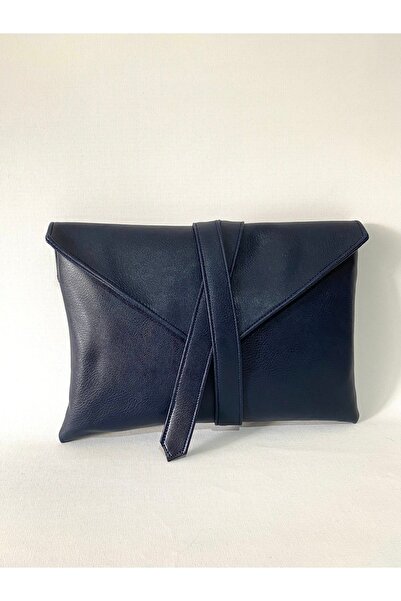 TALKING DREAMS Lacivert Suni Deri Kapaklı Bağlamalı Clutch