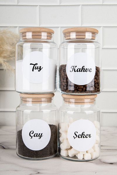 DNS HOME 4-Piece Wooden Vacuum Lid Labeled Tea Sugar Coffee Salt Storage Container Glass Jar 800 Ml