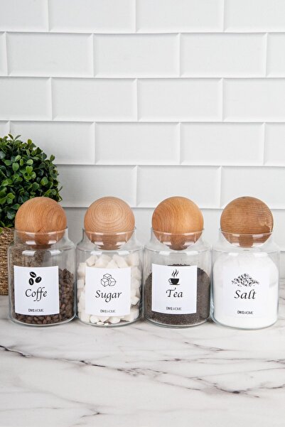 DNS HOME 4-Piece Wooden Ball Lid English Label Tea Sugar Coffee Salt Storage Container Jar 800 ml