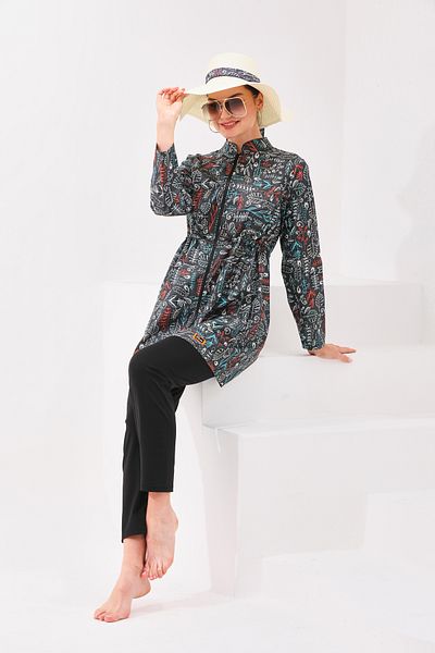 MAG FASHİON Plus Size 2 Piece Hijab Swimsuit - Burkini with Zipper on the Neck and Full Coverage