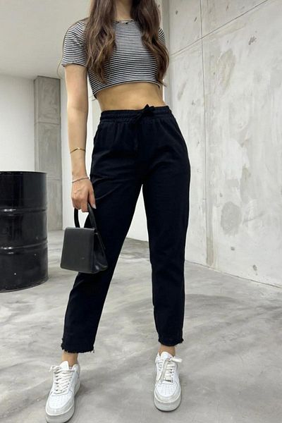 Frıstilya High Waist Linen-Cotton Blend Black Pocket Trousers