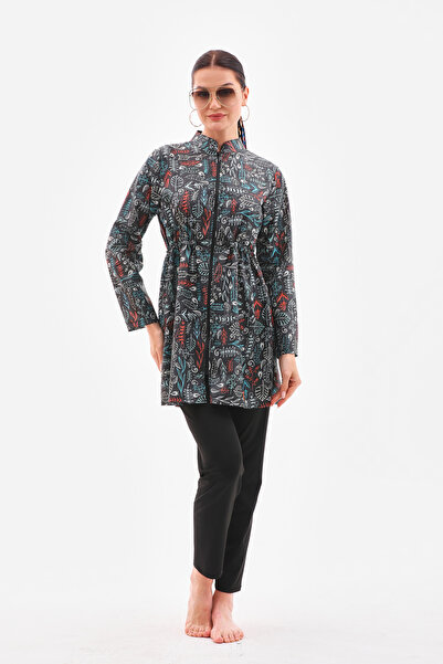 MAG FASHİON 3 Parça Boydan Fermuarlı Tesettür Mayo Tam Kapalı Tesettür Mayo Büyük Beden Burkini