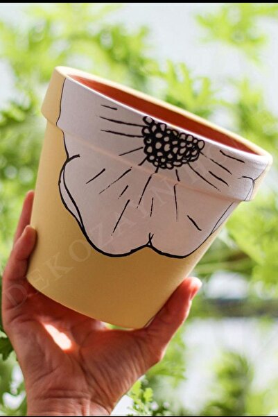 Dekozayn Home Sarı Papatya Desenli Doğal Terleyen El Yapımı Boyama Çömlek Kaktüs & Sukulent Bitki Toprak Saksısı