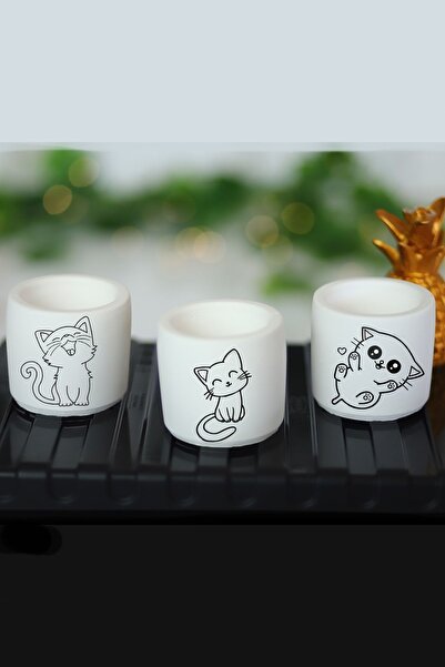 Genel Markalar Kedi Desenli Saksı Kalemlik Üçlü Set- Küçük Boy Sukulent Saksısı