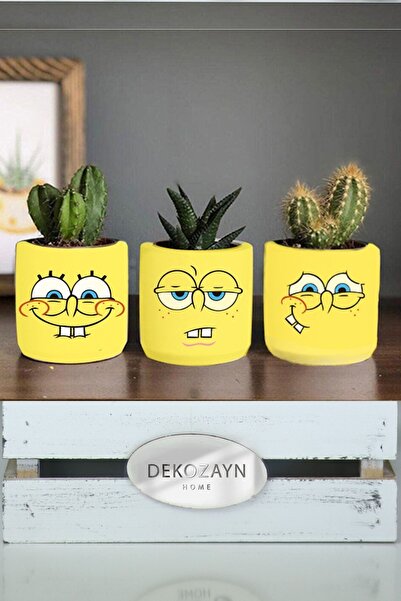 Genel Markalar Sunger Bob Sponge Desenli Saksı Üçlü Set- Küçük Boy Sukulent Saksısı Çizim Hediyelik