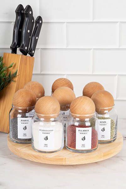 DNS HOME 8-Piece Glass Spice Rack with Wooden Ball Lid and Rotating Stand and Label 300 ml