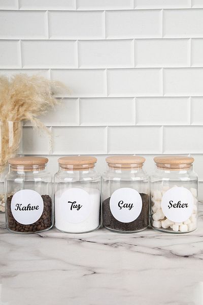 DNS HOME 4-Piece Wooden Vacuum Lid Labeled Tea Sugar Coffee Salt Storage Container Glass Jar 800 Ml