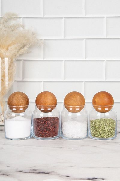DNS HOME 4-Piece Glass Jar Set Spice Bowl with Wooden Ball Lid 300 ml