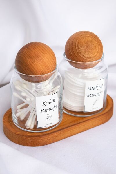 DNS HOME Σετ μπάνιου Organizer 2 τεμαχίων με βάση, ξύλινο καπάκι μπάλας, βαμβακερό και βαμβακερό μακιγιάζ