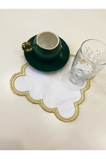 İNCİ ÇEYİZ 6 Adet Keten Kumaş Üzeri Çift Sargı Nakışlı Kahve Yanı Kokteyl Peç...