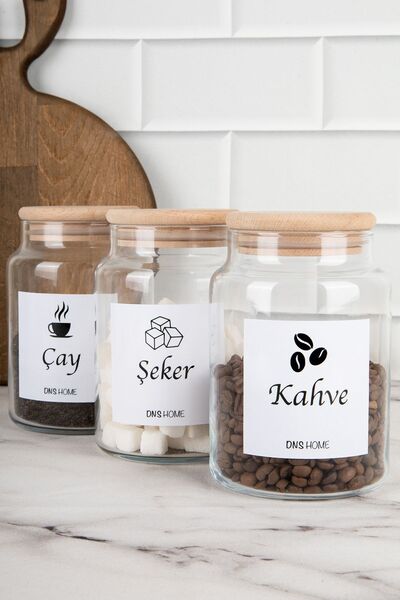 DNS HOME 3-Piece Wooden Vacuum Lid Tea Sugar Coffee Labeled Storage Container Glass Jar 800 Ml