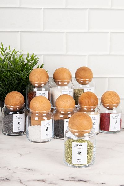 DNS HOME 9-Piece Glass Spice Bowl Set with Wooden Ball Lid Glass Jar Set with Label Storage Container Spice Bowl 300ml