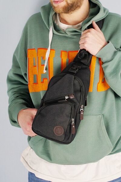 Linatigers Unisex Canvas Fabric Μαύρη τσάντα ώμου μέσης με έξοδο ακουστικών USB και θήκη κάρτας μηχανισμού αλουμινίου