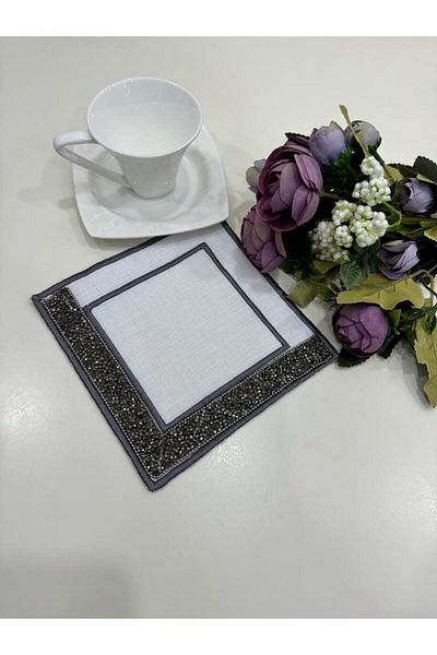 İNCİ ÇEYİZ 3 Pieces of Linen Fabric Crystal Stoned Embroidered Coffee Side Cocktail Napkin & Coasters
