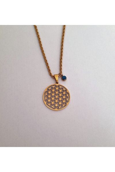 nilüfer takı tasarım Flower of Life Steel Gold Necklace with 60 cm Twist Chain
