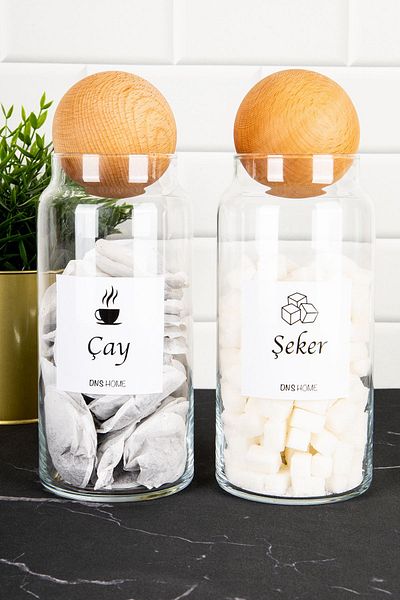 DNS HOME 2-Piece Wooden Ball Lid Labeled Tea Candy Glass Jar Storage Container 1300 Ml