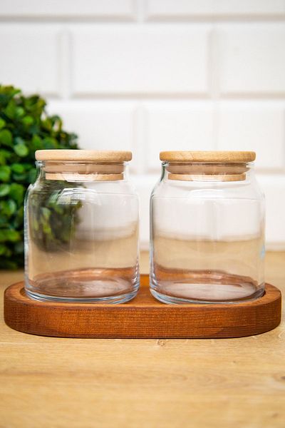 DNS HOME Set of 2 Glass Jars with Wooden Lid and Wooden Stand Spice Jar 300 Ml