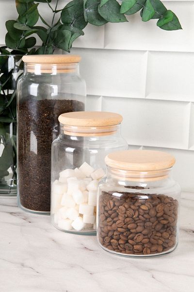 DNS HOME 3-Piece Glass Jar Set Wooden Vacuum Lid Storage Container Spice Jar Set 1300 - 800 - 500 ml