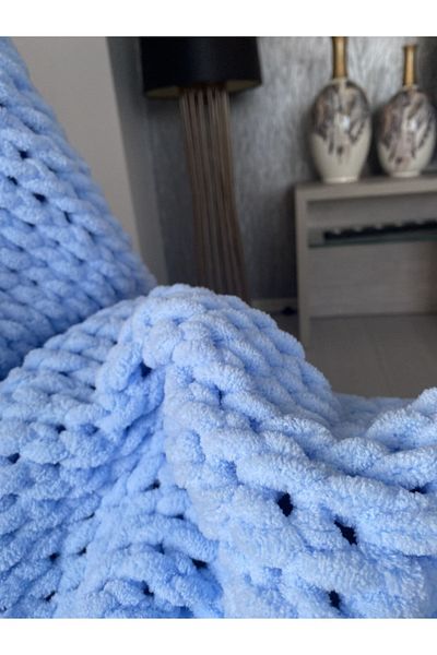 Alize Blue Hand Knitted Baby Blanket