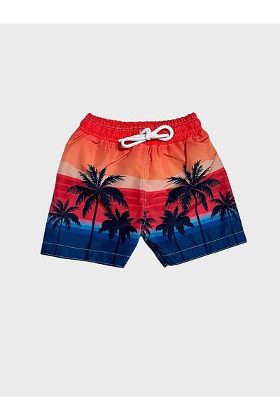 Fil Kids Boy's Red Palm Patterned Blue Sea Shorts