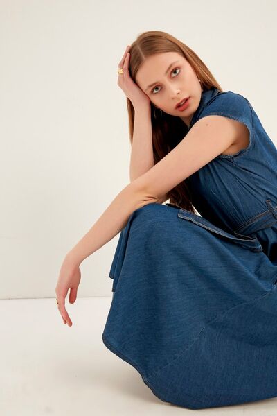 MEECY Γυναικείο τζιν φόρεμα με μπλε μπλέ κουμπιά