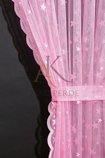 Karesi SIK PİLELİ PEMBE YILDIZLI TÜLDEN 1x3 FON PERDE TEK KANAT