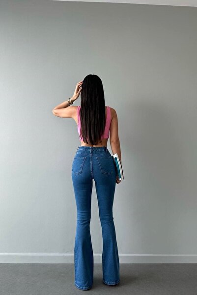 Harmony Blugi din lycra cu picior evazat premium albastru Pantaloni din denim cu talie înaltă