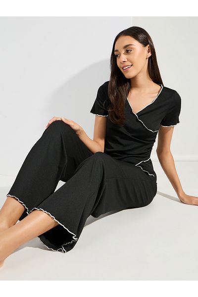 Styli Mono Contrast Edge Rib Wrap Over T-Shirt & Pyjama Set